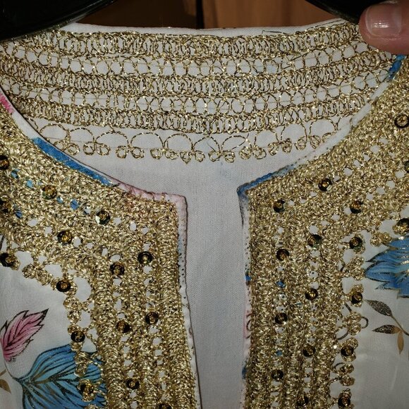 Beaded White Silk Chiffon Caftan, One Size, White/Blue/Gold - Picture 8 of 8